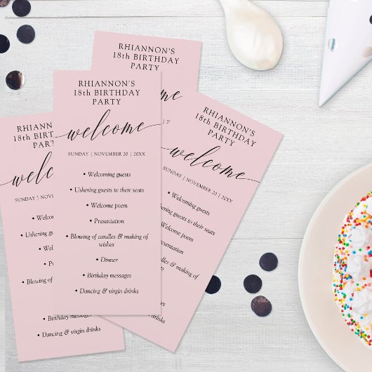 Programme Fête d'anniversaire calligraphie délicate rose pou