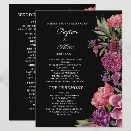 Programme Fête de mariage floral rose violet noir (Devant / Derrière)