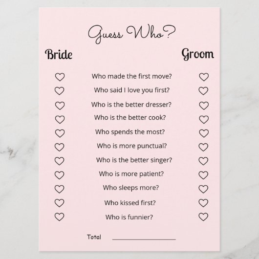 Programme Fête des mariées rose pâle Devinez Qui Joue (Devant)