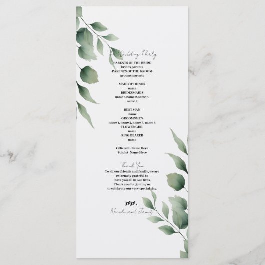 Programme Feuillage minimal de verdure mariage blanc moderne (Dos)