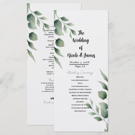 Programme Feuillage minimal de verdure mariage blanc moderne (Devant / Derrière)