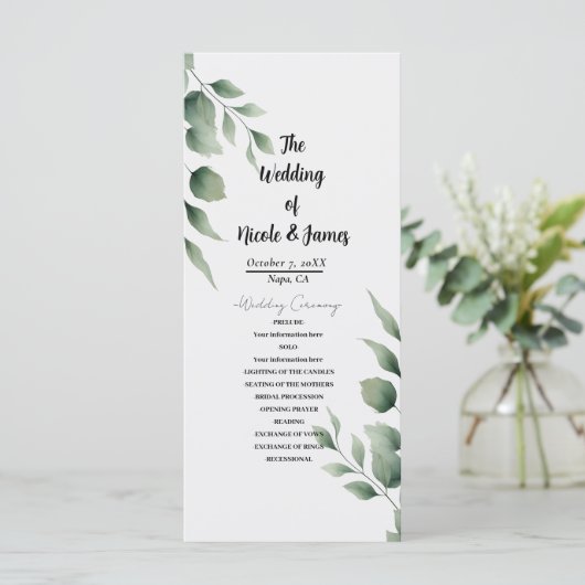 Programme Feuillage minimal de verdure mariage blanc moderne (Debout devant)