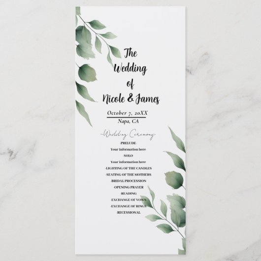 Programme Feuillage minimal de verdure mariage blanc moderne (Devant)