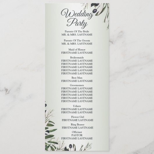 Programme Feuille vert Olive noir Elégant mariage (Dos)