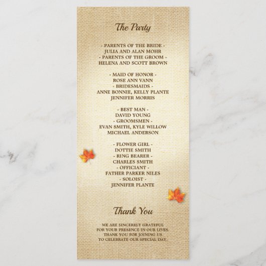 Programme Feuilles d'automne Burlap String Mariage (Dos)