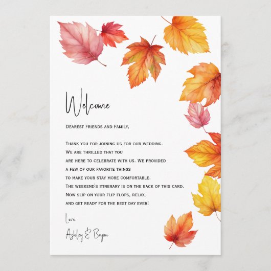 Programme Feuilles d'automne Mariage Bienvenue Lettre & Itin (Devant)