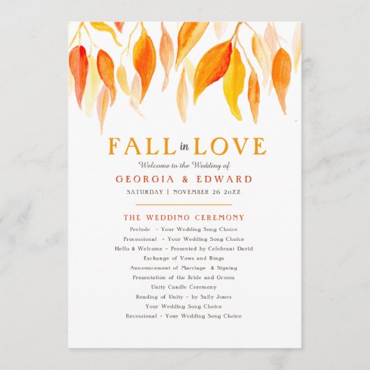 Programme Feuilles orange chute d'aquarelle mariage d'automn (Devant)
