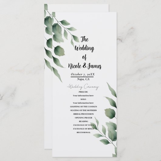 Programme Feuilles verdoyants minimaux Mariage blanc moderne (Devant / Derrière)