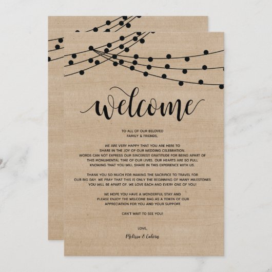 Programme Feux à cordes rustiques Mariage Bienvenue et itiné (Devant / Derrière)