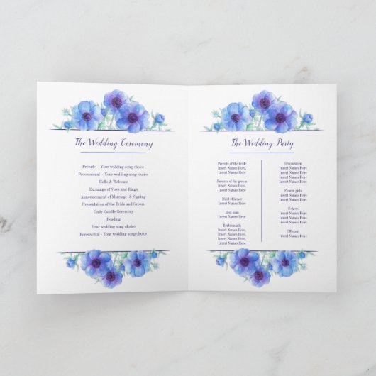 Programme fleurs d'anémone bleu mariage aquarelle art (Intérieur)