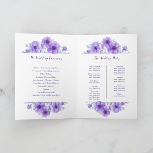 Programme fleurs d'anémone violet mariage aquarelle art (Intérieur)