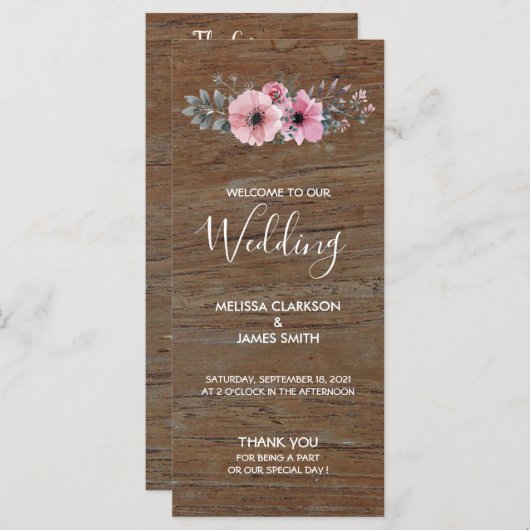 Programme Fleurs d'aquarelle rustique sur mariage de bois de (Devant / Derrière)