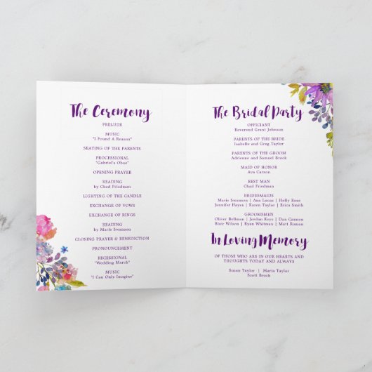 Programme Fleurs d'aquarelle violet et rose Mariage plié (Intérieur)