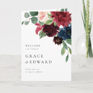 Programme Fleurs de mariage à l'aquarelle bordeaux et bleu m