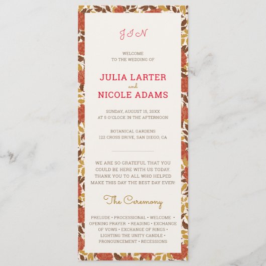 Programme Fleurs de pivoine orange poussiéreuses Mariage d'a (Devant)