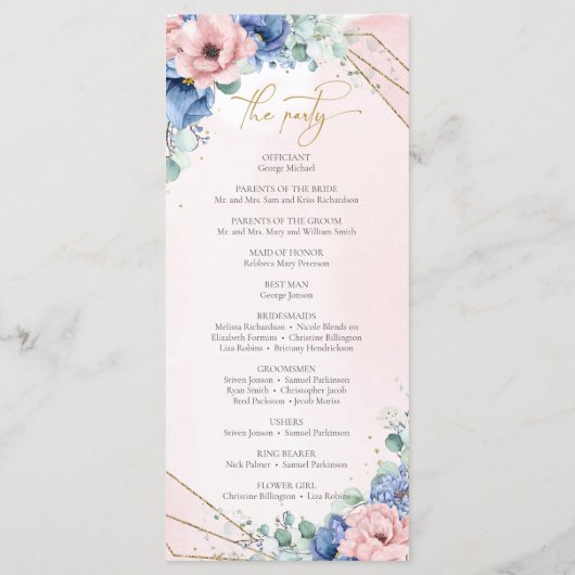 Programme Fleurs d'or bleu et rose moderne mariage (Dos)
