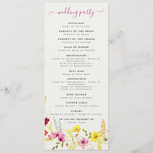 Programme Fleurs d'orchidées violettes roses Mariage de cour (Dos)