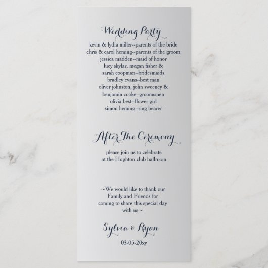 Programme fleurs marine et argent mariage d'aquarelle (Dos)