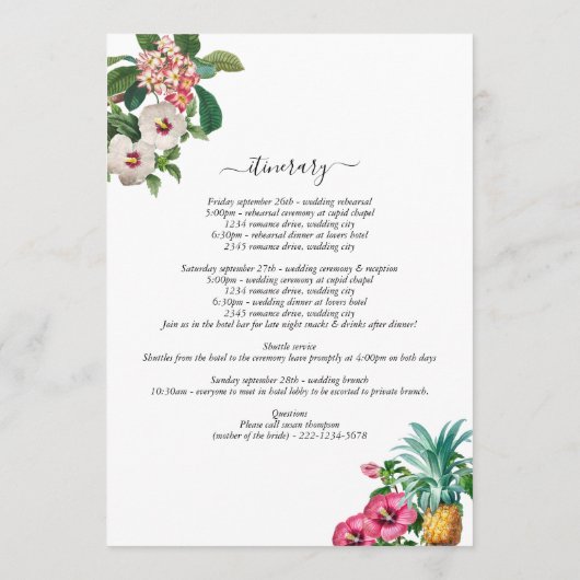 Programme Fleurs tropicales et verdure Itinéraire Mariage (Dos)