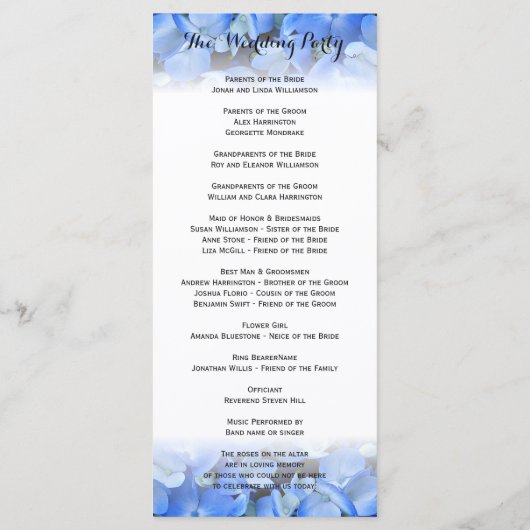 Programme Floral Bordure Bleu Hydrangea Mariage grand progra (Dos)