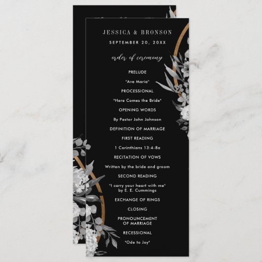 Programme Floral d'aquarelle noir et blanc moderne (Devant / Derrière)