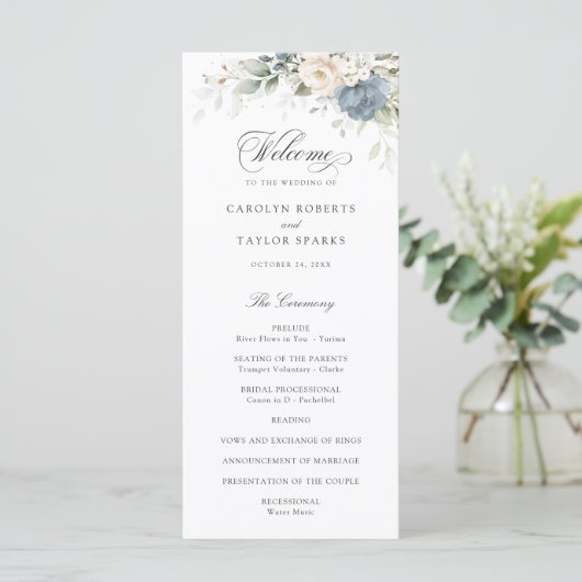 Programme Floral Dusty Blue White Greenery Wedding Program (Debout devant)