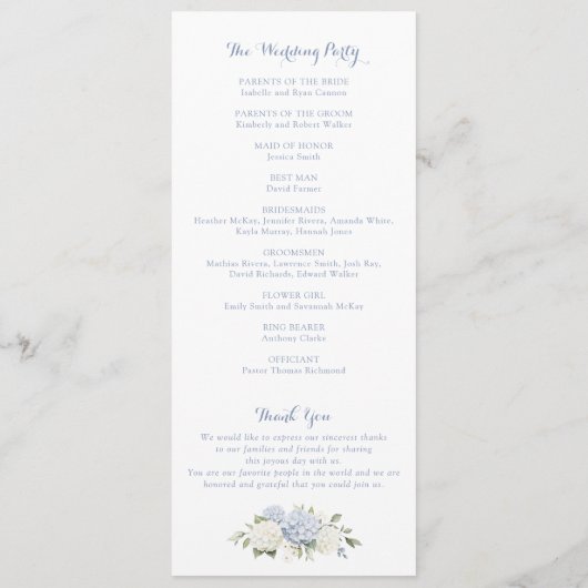 Programme Floral Elegant Blue Hydrangea Crest Mariage (Dos)