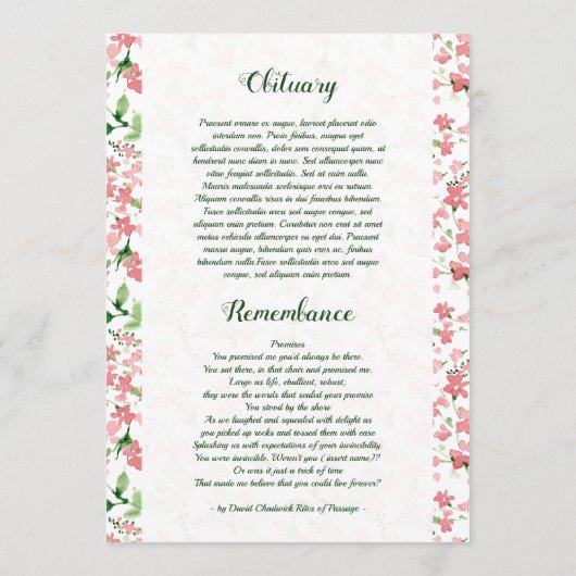 Programme Floral Funeral Program Card Template  (Dos)