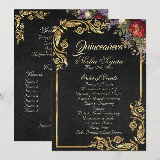 Programme Floral & Gold Leaves - Black Quinceanera Program (Devant / Derrière)