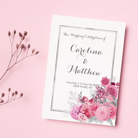 Programme floral pailleté bordeaux rose argenté
