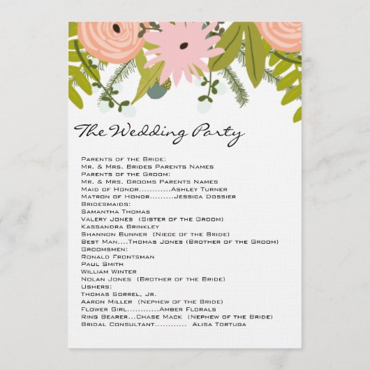 Programme Flore & Faune Fermes Roses Acorns Twigs Mariage (Dos)