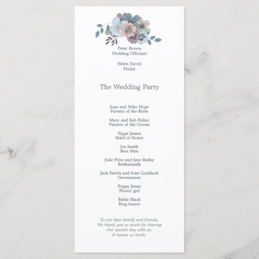 Programme Flore rose bleu foncé Mariage de script élégant (Dos)