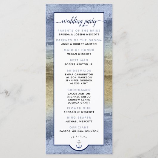 Programme Formel #Mariage moderne #Nautical Dusty Bleu & Or (Dos)
