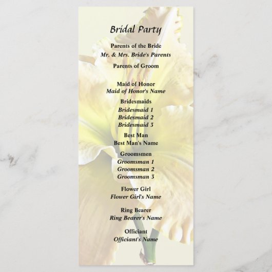 Programme Fournitures de mariage Lys du jour jaune (Dos)