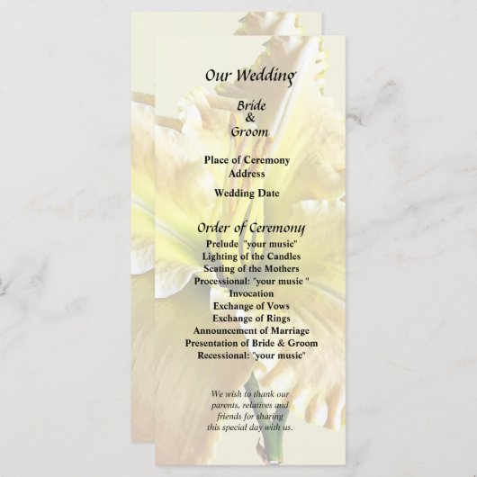 Programme Fournitures de mariage Lys du jour jaune (Devant / Derrière)