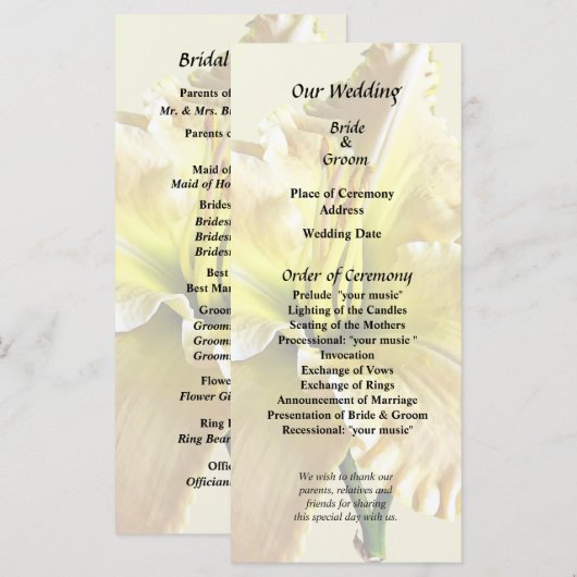 Programme Fournitures de mariage Lys jaune du jour (Devant / Derrière)