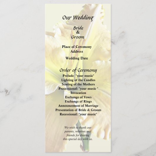 Programme Fournitures de mariage Lys jaune du jour (Devant)