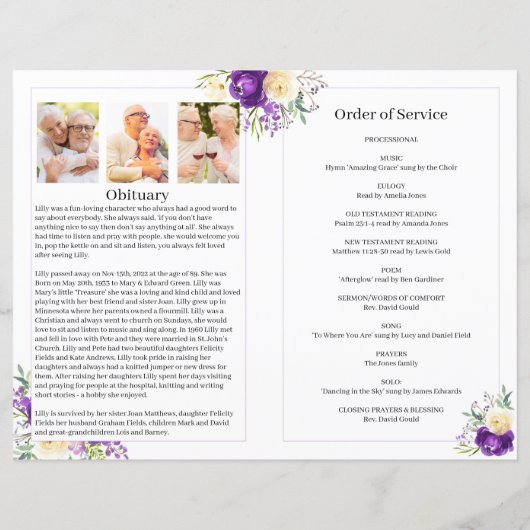 Programme funéraire avec fleurs violettes et crème (Dos)