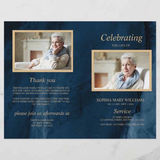 Programme funéraire bleu et or | Ordre de service (Devant)