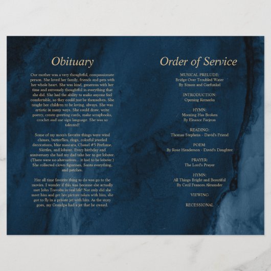 Programme funéraire bleu et or | Ordre de service (Dos)