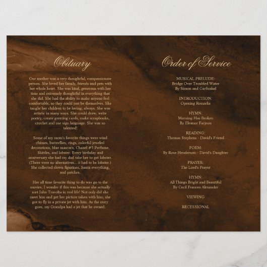 Programme funéraire bronze et or | Ordre de servic (Dos)