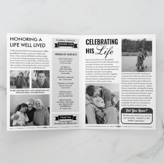 Programme funéraire Célébration de la vie Carte de (Intérieur)