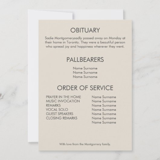 Programme funéraire classique beige et blanc (Dos)