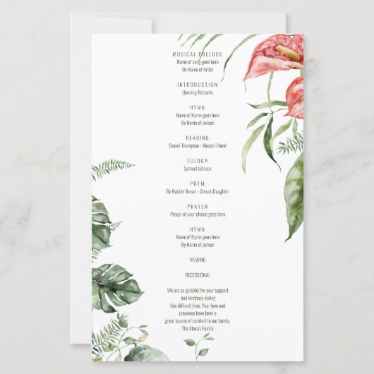 Programme funéraire d'anthurium feuille vert tropi (Dos)