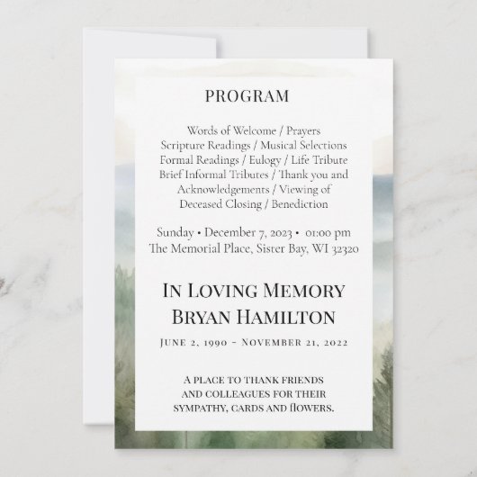 Programme funéraire d'aquarelle de la nature humid (Dos)