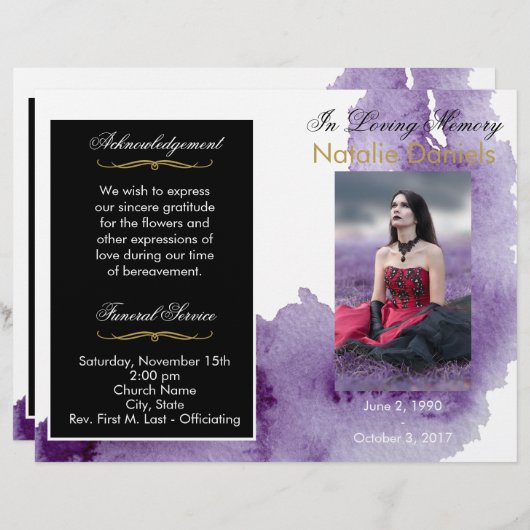 Programme funéraire d'aquarelle ultra violette (Devant / Derrière)