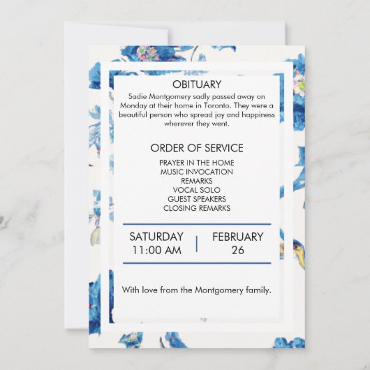 Programme funéraire de bord floral bleu (Dos)