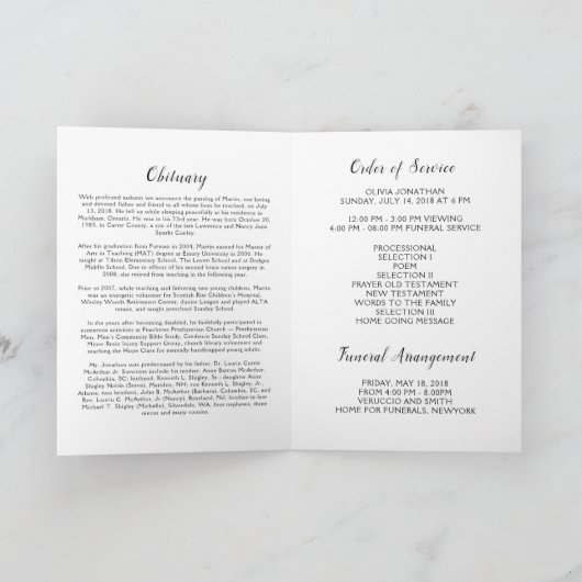 Programme funéraire de célébration de la vie (Intérieur)