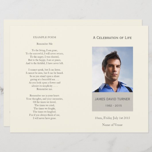 Programme funéraire de célébration moderne de la v (Devant / Derrière)