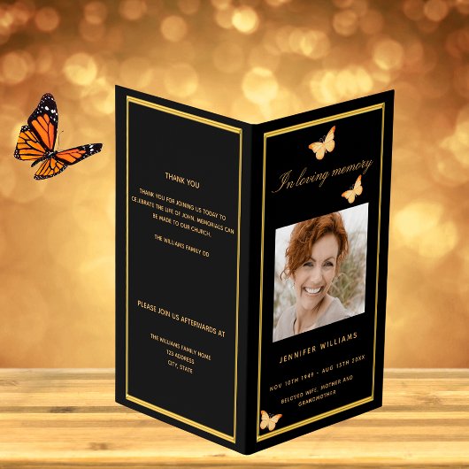 Programme funéraire de papillon en or noir